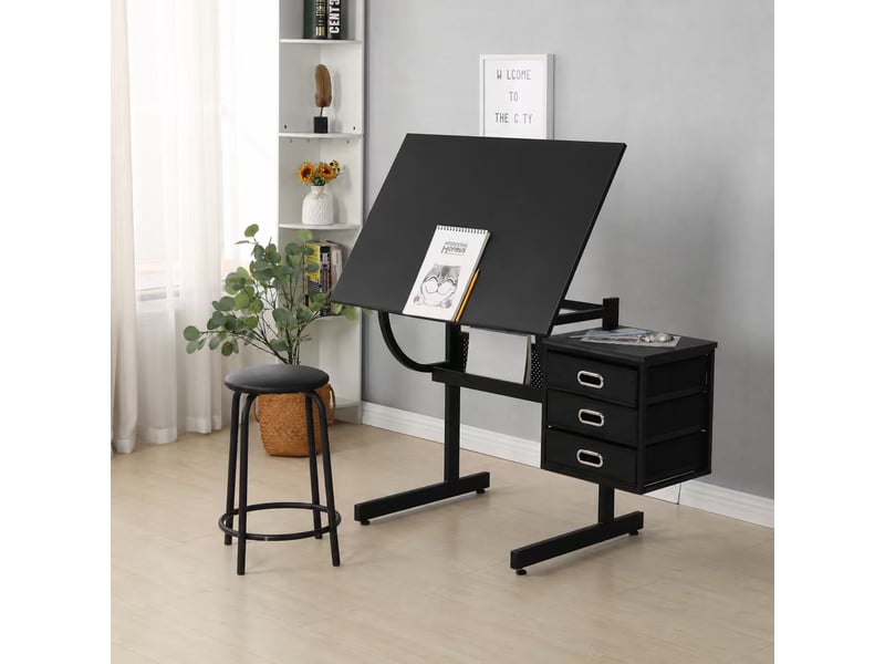 Table à dessin noire avec tabouret et 3 tiroirs de rangement, bureau créatif - Conforama B
