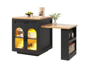 Îlot de cuisine extensible avec led, tiroirs et étagère réglable, noir, 126-196x70x94 cm