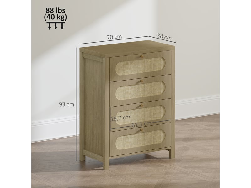  Commode 4 tiroirs meuble de rangement style bohémienne avec portes résine tressée, effet bois naturel, 70 x 38 x 93 cm  - Conforama C