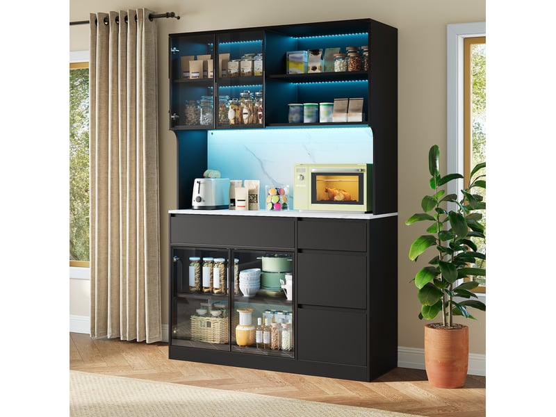  Buffet et enfilade avec tiroirs, niches et vitrines led pour salle à manger, mdf noir et blanc, 120 × 40 × 180 cm  - Conforama C