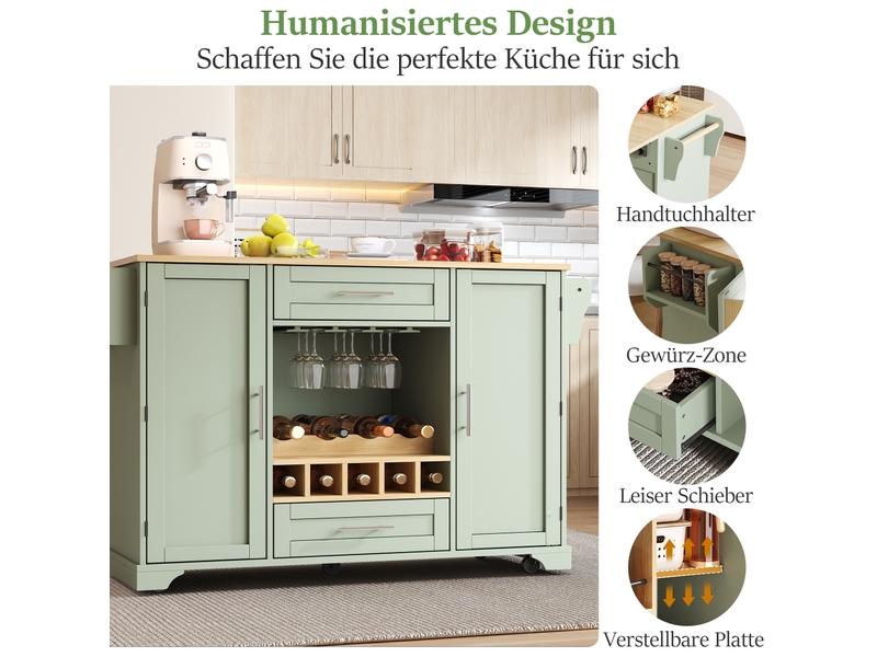  Îlot de cuisine mobile 120 × 45(70) × 92 cm vert antique, mdf, plateau rabattable, casier à vin, porte-verres et roulettes  - Conforama D