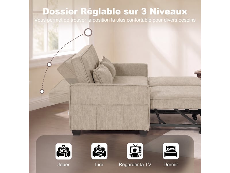  Canapé convertible 2 places 4 en 1, canapé-lit d'angle en chenille 167cm, dossier réglable, assise large, marron  - Conforama E