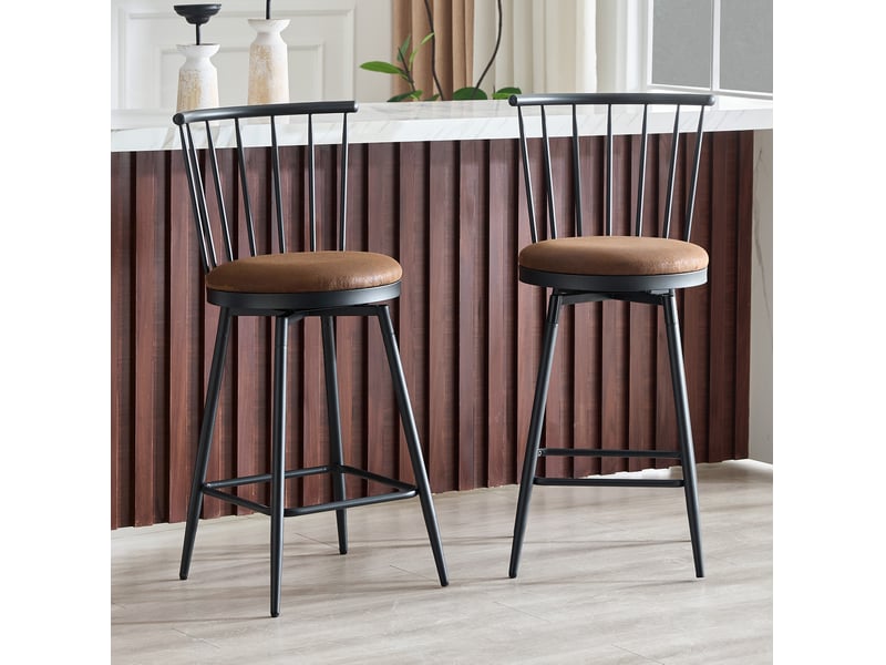  Tabouret de bar rembourré avec dossier courbé et repose-pieds, style industriel en tissu marron  - Conforama B