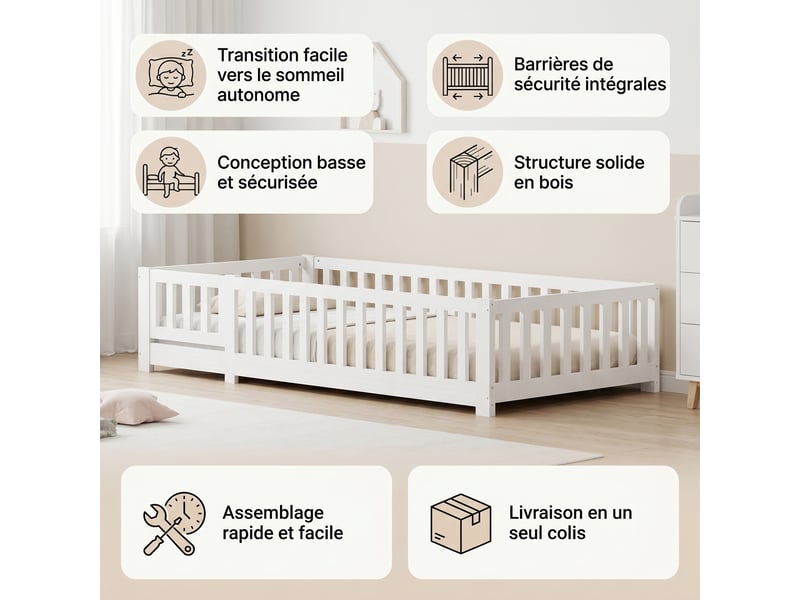  Lit enfant 90x200, lit simple, lit montessorilit au sol avec barrière, cadre en bois et métal, blanc  - Conforama C