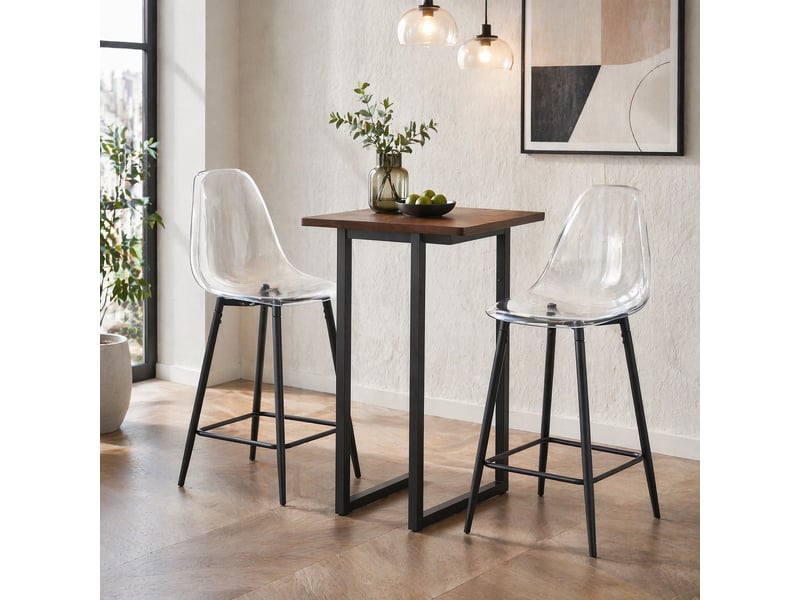  Tabouret de bar lot de 2 avec repose-pieds, assise transparente et structure stable en plastique et métal noir  - Conforama C