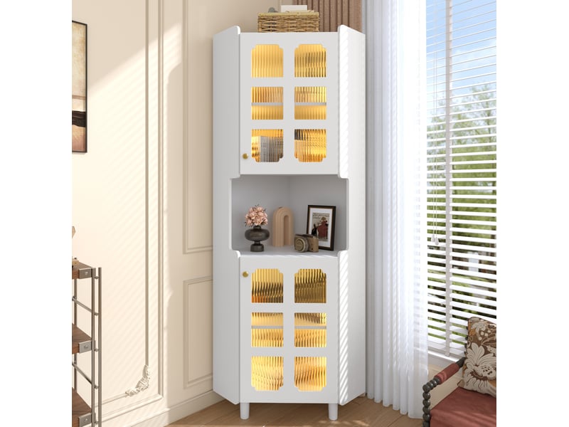  Meuble d'angle led avec 2 placards et étagère ouverte, éclairage par application, pour salon, mdf blanc, 63,5 × 157,5 cm  - Conforama C