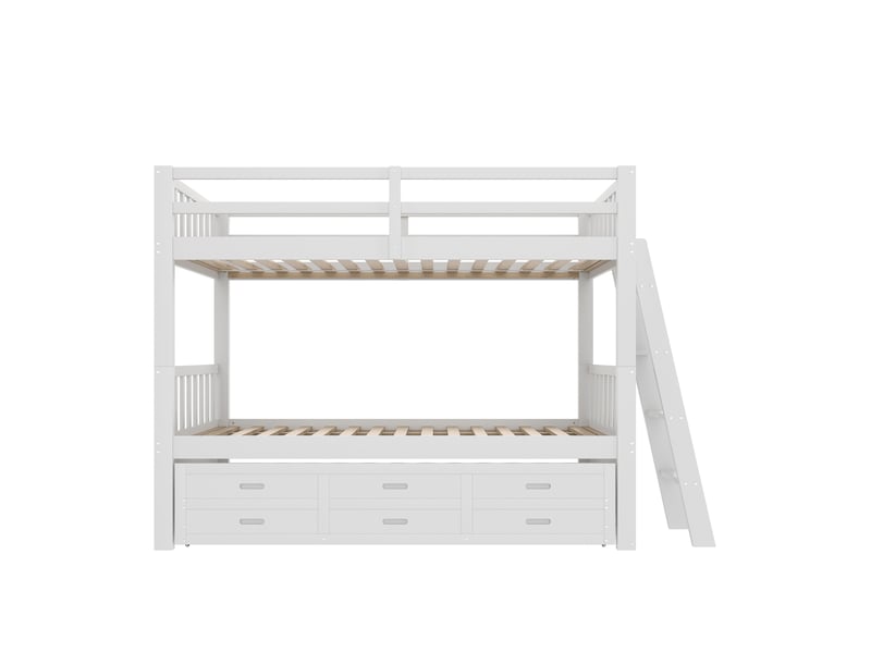  Lit superposé enfant blanc 90 × 200 cm en pin et mdf, lit gigogne, échelle et 3 tiroirs  - Conforama A