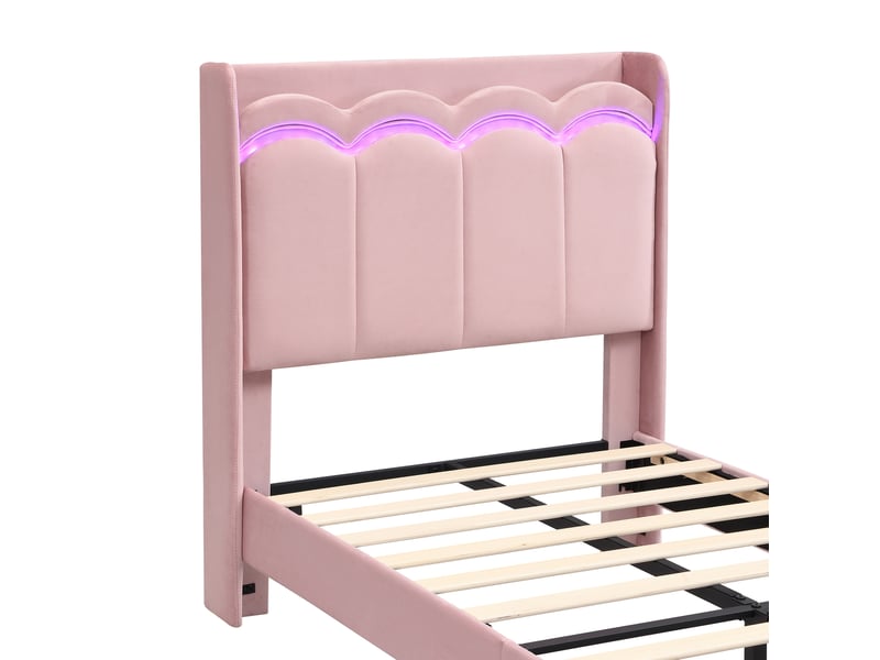  Lit enfant 90 x 200 cm rose en velours, led pilotée par application, tiroir de rangement et tête de lit ondulée  - Conforama E