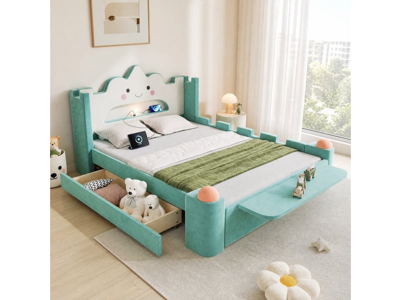  Lit enfant 1 place 140×200 cm avec tiroir, lampe led, usb et tablette pliante - okmyhome- bleu vert, sans matelas  - Conforama C