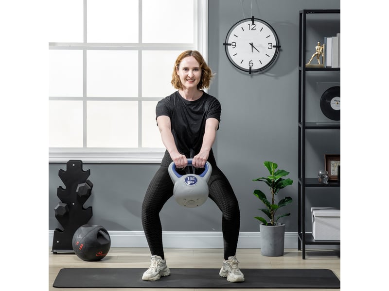  Kettlebell, 12 kg, fond plat, grande poignée, revêtement plastique, bleu, 24 x 17 x 28 cm  - Conforama C