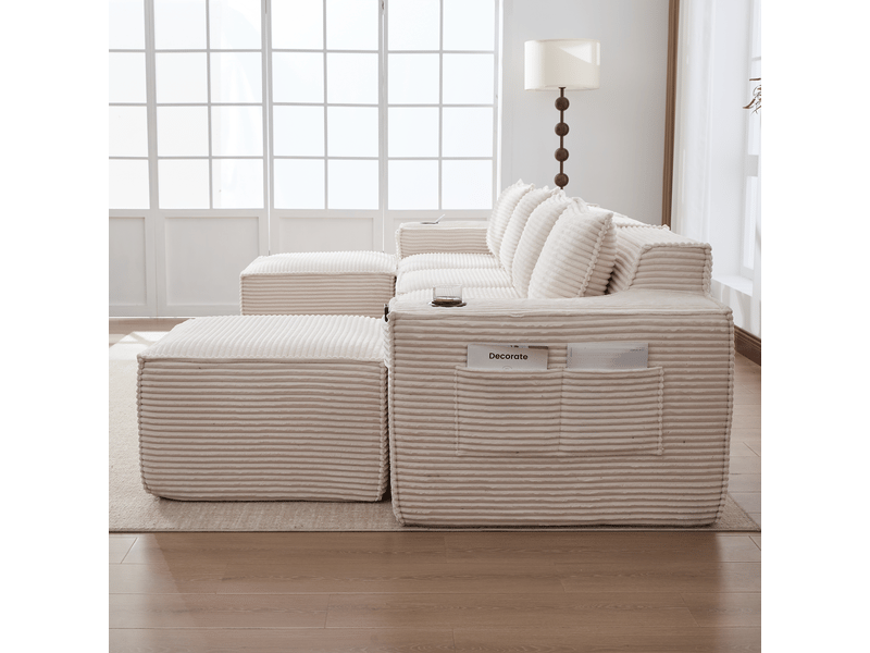  Canapé modulaire 4 places en velours côtelé beige avec 2 poufs, ressorts et mousse haute densité, rangement et porte-gobelets  - Conforama R
