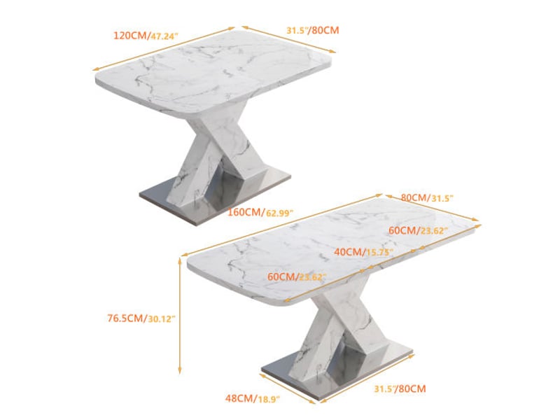  Table à manger rectangulaire moderne extensible 120-160 cm – plateau marbre blanc – piètement x mdf, base métallique  - Conforama C