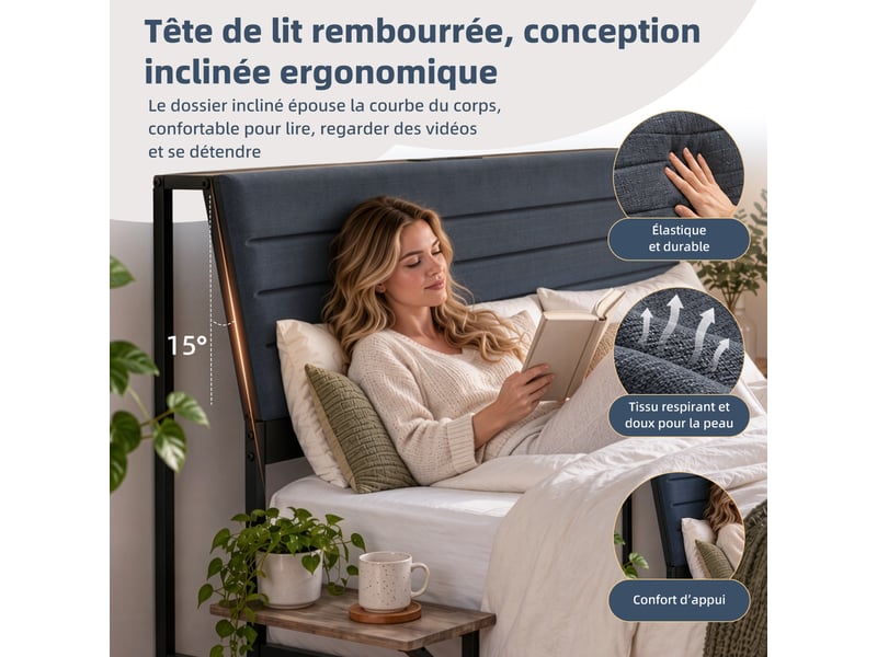  140x190cm-led-plateau de table pour tête de lit-cadre de lit tapissier- lit double-led-usb-type-c, gris  - Conforama E