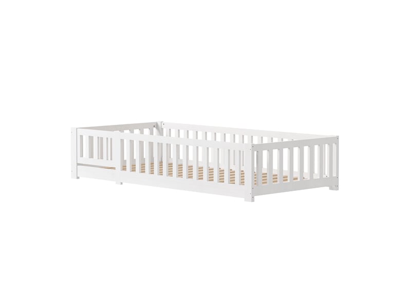 Lit enfant montessori 90x200 cm, lit simple, lit au sol avec barrières et sommier, bois, blanc  - Conforama A