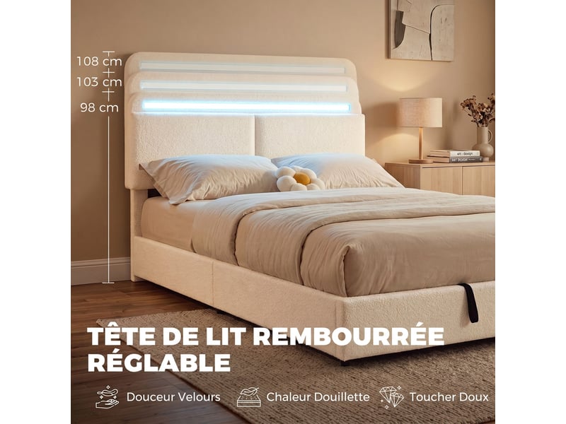  Lit coffre 140 x 190 cm, led rgb, tête réglable, cadre de lit double rembourré velours, rangement hydraulique, crème  - Conforama R