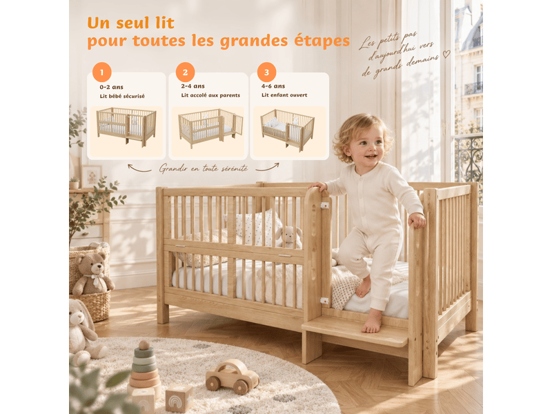  3 en 1 lit bébé évolutif en pin massif, 70x140 cm convertible lit cododo, lit enfant avec porte sécurisée et marche intégrée, certifié en716 - de 0 à 6 ans - charge maximale 50 kg  - Conforama D