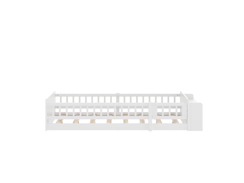  Lit enfant en bois massif 90x200cm, pin, rangement ouvert intégré, étagères, porte de sécurité ouvrable, blanc  - Conforama R
