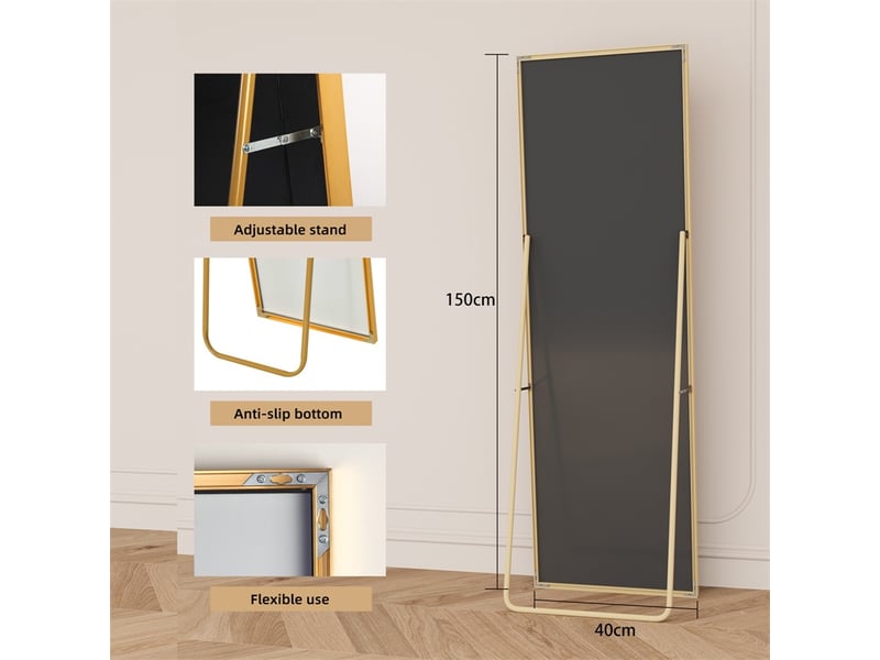  Miroir sur pied 150x40cm - miroir rectangulaire en verre trempé avec cadre en aluminium - doré  - Conforama E