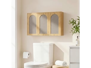 Armoire murale de salle de bain bohème avec 3 portes effet rotin à fermeture douce et étagère réglable, chêne