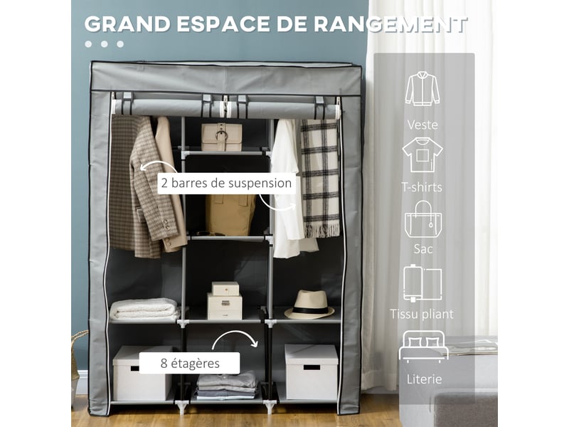  Armoire penderie multi-rangement - 8 étagères, 2 barres - non tissé gris  - Conforama E