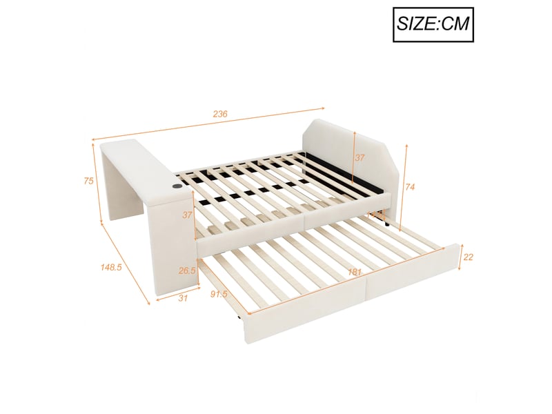  Lit gigogne rembourré modenvie 140 x 200 cm avec bureau intégré et port usb en velours beige  - Conforama C