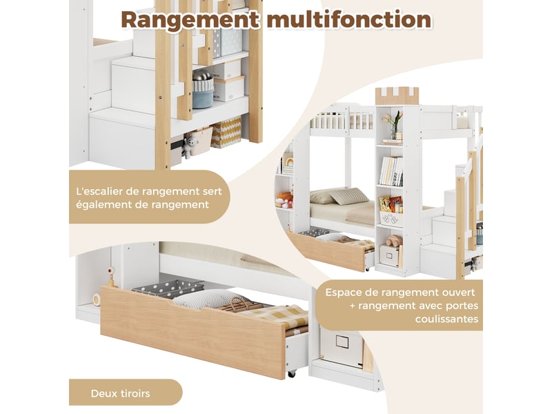  Lit superposé enfant 90x200 cm - avec 1 tiroir, barrières de sécurité et escalier de rangement - blanc et naturel (sans matelas)  - Conforama R
