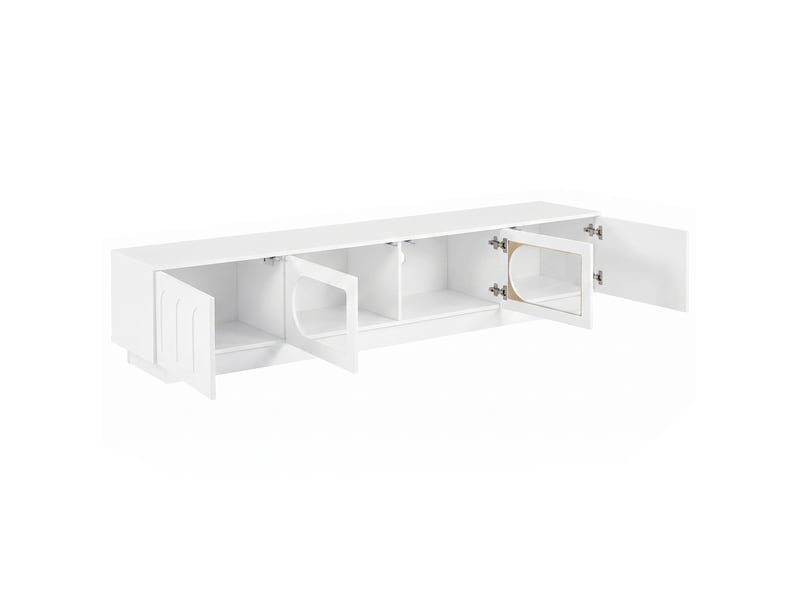  Meuble tv blanc avec éclairage led contrôlé par application, 4 portes, vitres ovales, passe-câbles  - Conforama D
