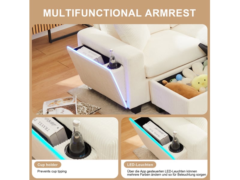  Canapé modulable en u 334x128,5 cm – beige – 2 poufs de rangement, led, lampe de lecture, usb et type-c  - Conforama E