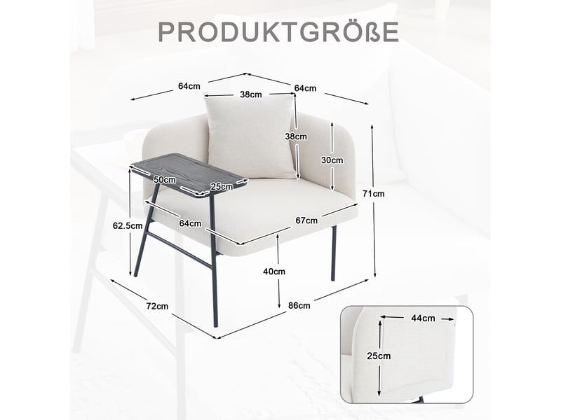  Fauteuil 86x72x71 cm, table d'appoint intégrée, 2 poches latérales, chenille beige  - Conforama E
