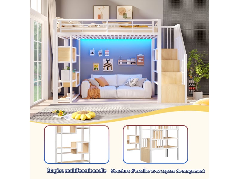  Lit mezzanine, 90 × 200 cm, blanc, métal et mdf, étagères et rangements, garde-corps, échelle avec rangements, sans matelas  - Conforama D