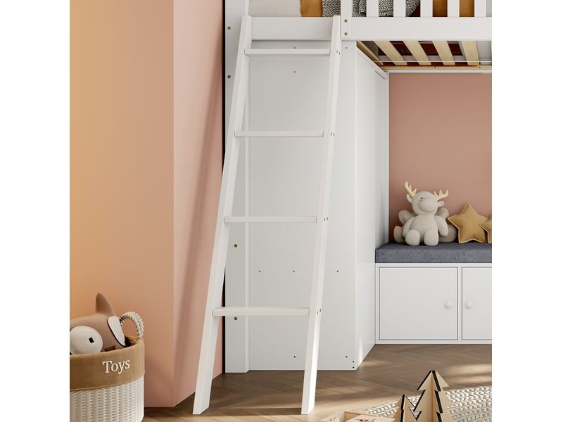  Lit mezzanine 90 x 200 cm blanc et naturel, lit enfant en bois design maison avec échelle, armoire, étagère ouverte et banc coffre  - Conforama B