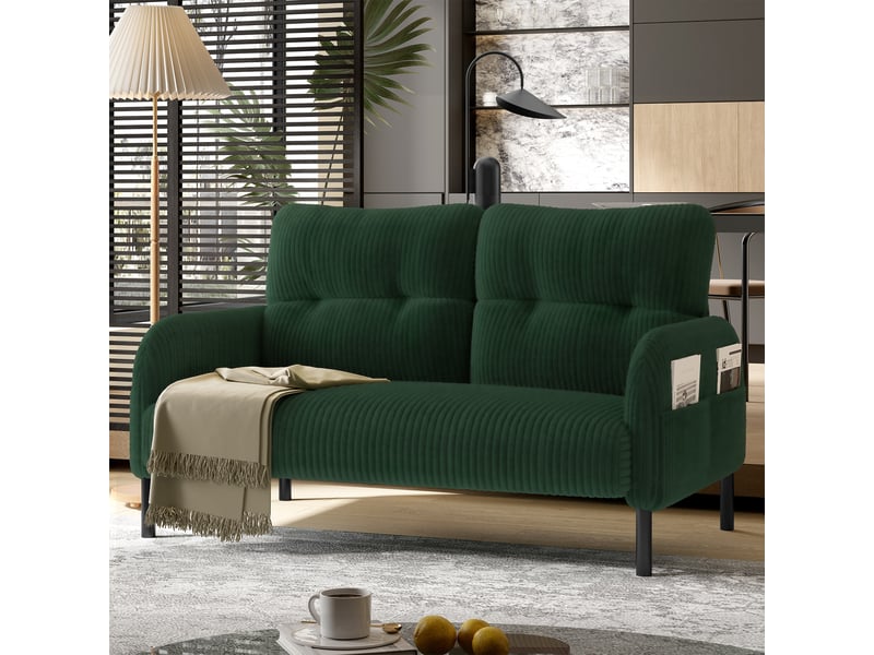 Canapé 2 places en velours côtelé vert émeraude avec dossier haut et poches latérales intégrées - Conforama B