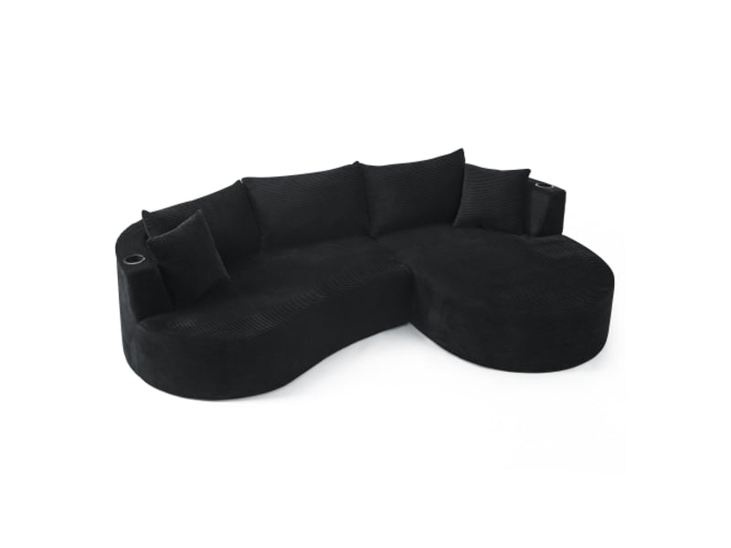 Canapé 3 places noir velours côtelé compact – chaise longue droite + 2 places arc, porte-gobelets intégrés - Conforama A