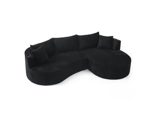 Canapé 3 places noir velours côtelé compact – chaise longue droite + 2 places arc, porte-gobelets intégrés