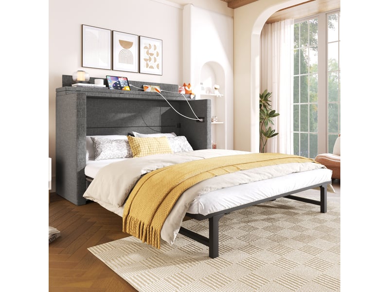  Lit escamotable 140 x 200 cm avec un tiroir, lit mobile avec compartiment de rangement, ports usb et type-c, lit plateforme convertible, sans matelas, lin, gris  - Conforama B