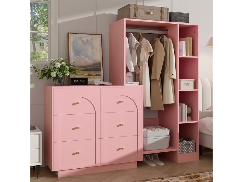  Armoire penderie rose 6 tiroirs, dressing ouvert métal et bois, vestiaire chambre enfant 139x35x133 cm  - Conforama E