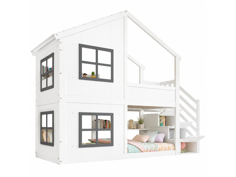  Lit superposé 2 places en bois et mdf avec escalier de rangement, toit et fenêtres, 90x200 cm, sans matelas  - Conforama A