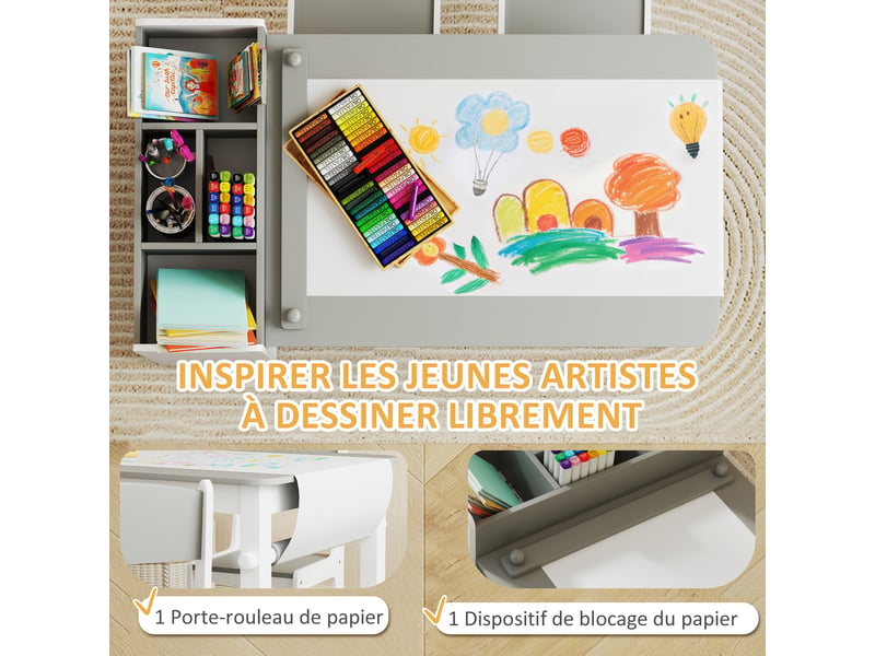  Ensemble table et 2 chaises enfant en bois avec rouleau de papier, étagères et tiroirs, gris, pour fille garçon 3-8 ans  - Conforama E
