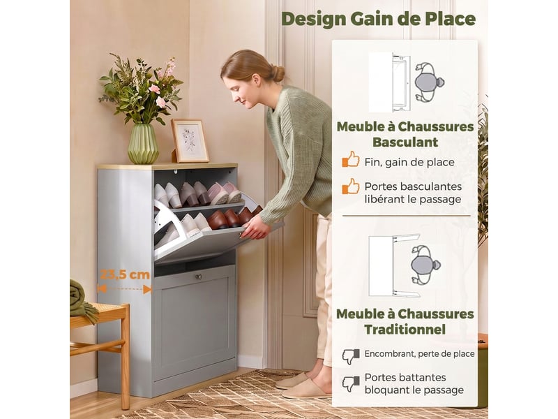  Meuble à chaussures 2 tiroirs rabattables 8-12 paires gris 60 x 23,5 x 80 cm  - Conforama E