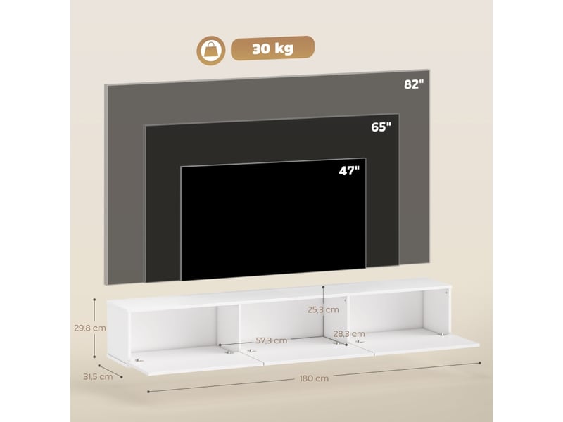  Meuble tv mural avec 3 portes abattantes et fermeture douce pour salon en panneaux de particules blanc  - Conforama E