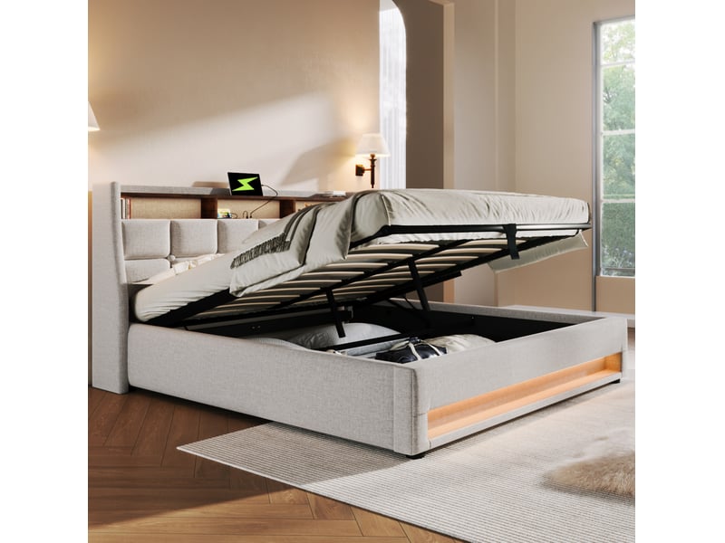  Lit coffre rembourré tcqpz 160 x 200 cm avec led et usb sommier à lattes cadre métal lin beige  - Conforama D