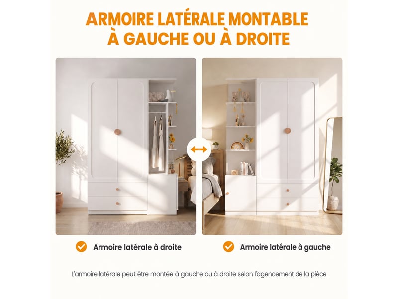 Armoire de chambre 135 x 45 x 200 cm, avec 3 portes et 2 tiroirs, 2 tringles, 4 poignées en bois massif, blanc - Conforama E