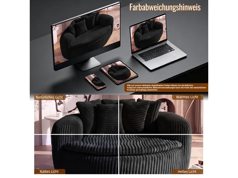 Fauteuil round lounge xxl en velours côtelé noir, 5 coussins - Conforama C