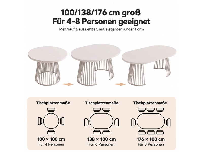  Table à manger extensible 100138176 x 100 cm en mdf et fer, plateau épais 3 cm, pour 4 à 8 personnes, coloris cachemire.  - Conforama D