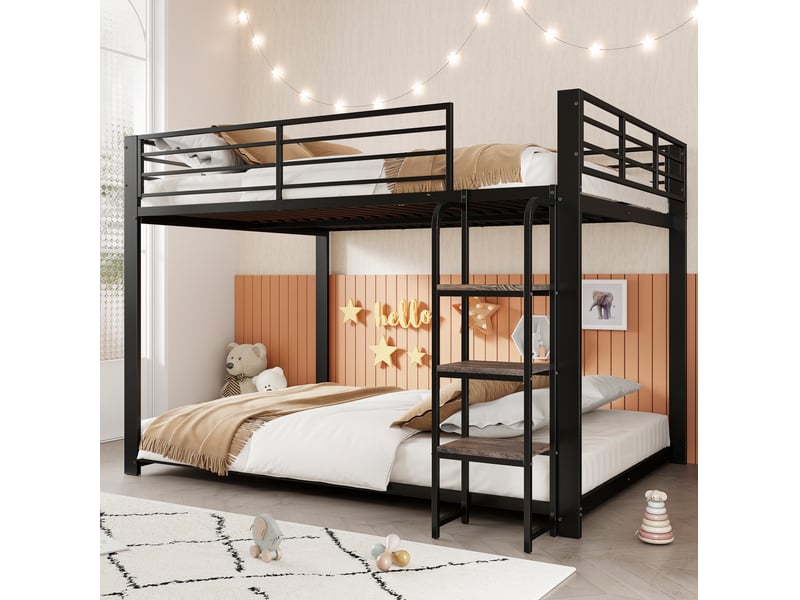  Lit superposé 140x200 cm avec escalier en bois, garde-corps de sécurité et sommier à lattes, métal, noir, sans matelas  - Conforama B
