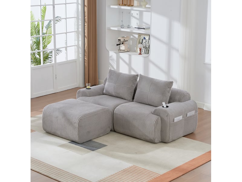  Canapé modulable 2 places avec poufs en velours côtelé gris clair  - Conforama D