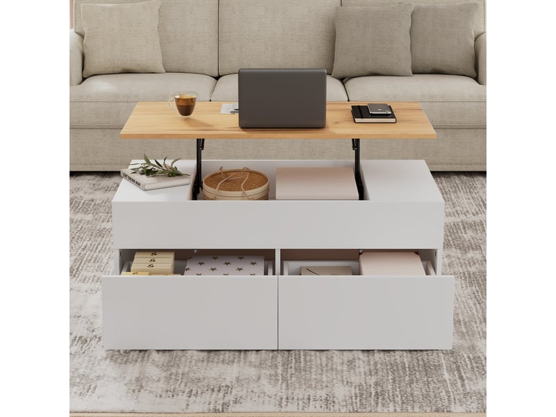 Table basse relevable avec 2 tiroirs, 100 x 50 x 40 cm, blanc et aspect bois  - Conforama D