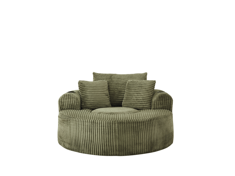  Fauteuil pouf rond avec 3 coussins amovibles, 2 porte-gobelets et poches latérales en velours côtelé vert  - Conforama A