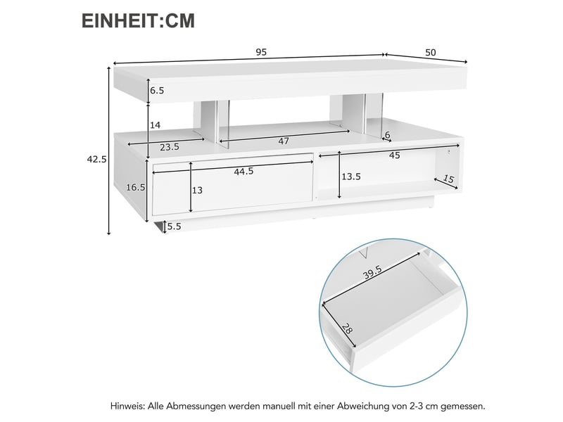  Table basse 95x50x42,5 cm avec led bluetooth, 2 tiroirs, 2 niches, 4 inserts en verre, salon, blanc  - Conforama C