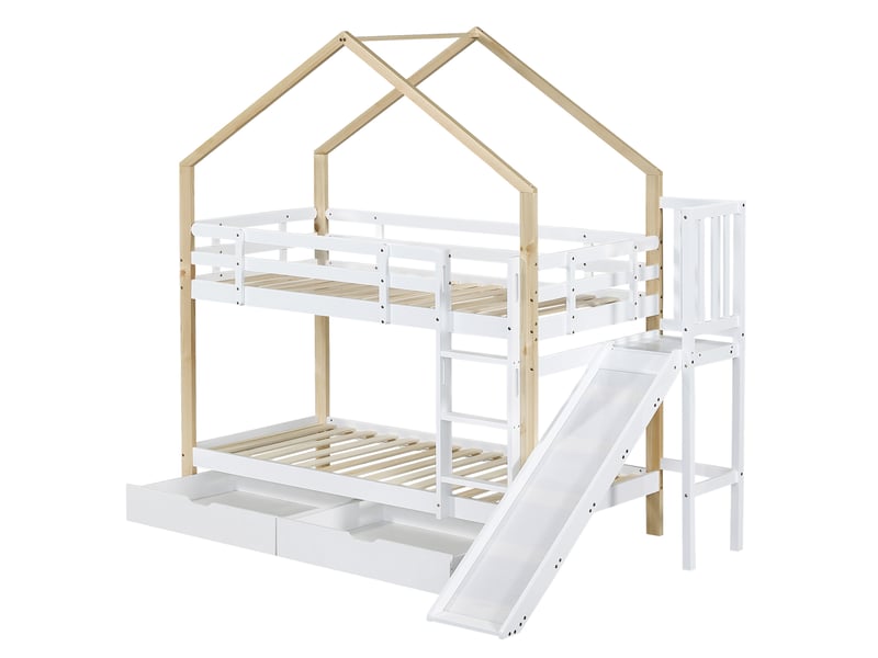Lit superposé cabane 90x200 cm avec toboggan, 2 tiroirs, lit enfant en pin blanc et naturel, sans matelas - Conforama A